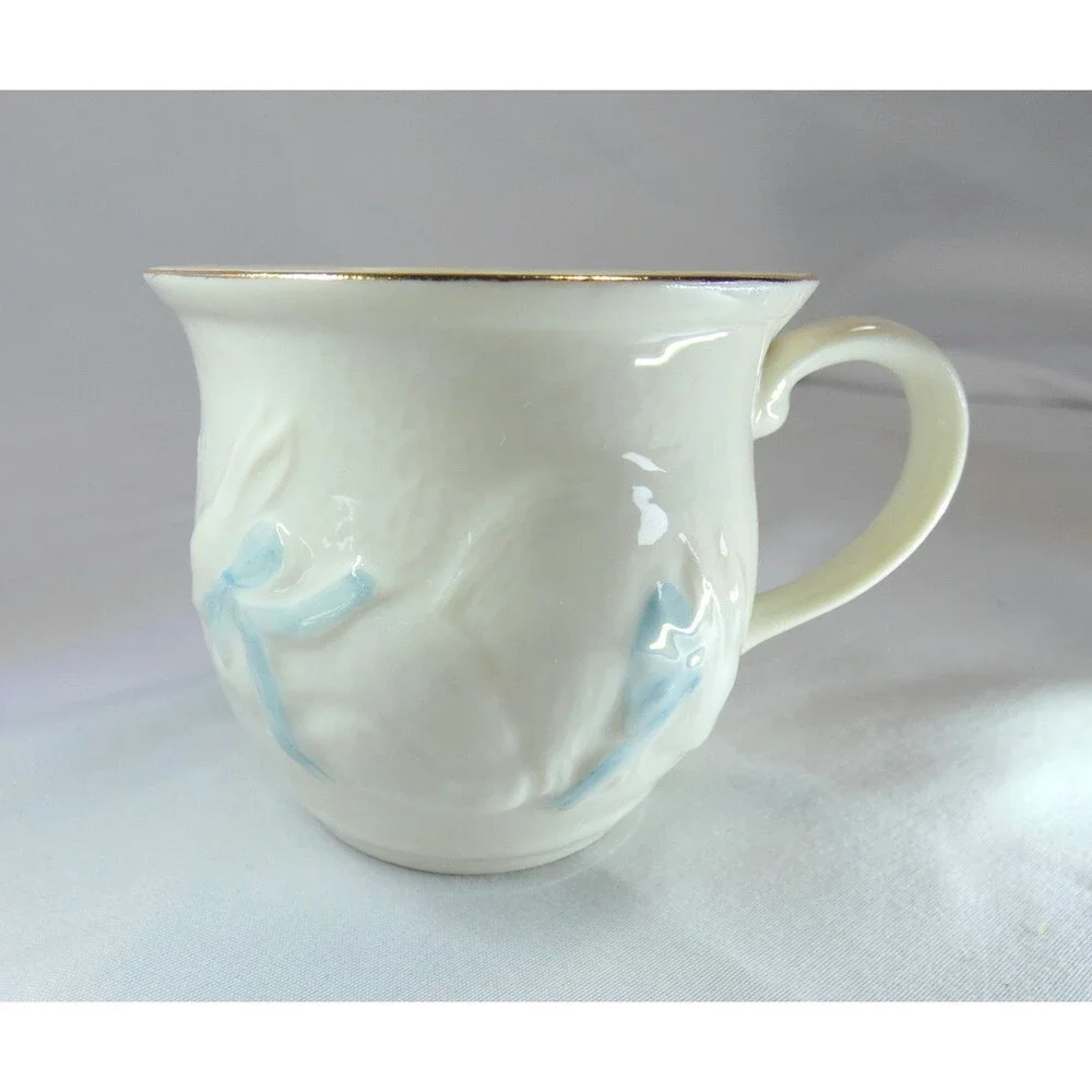2 BELEEK Nursery Baptism Christening Cups Porcelain w Gold Ireland Bunny Twins